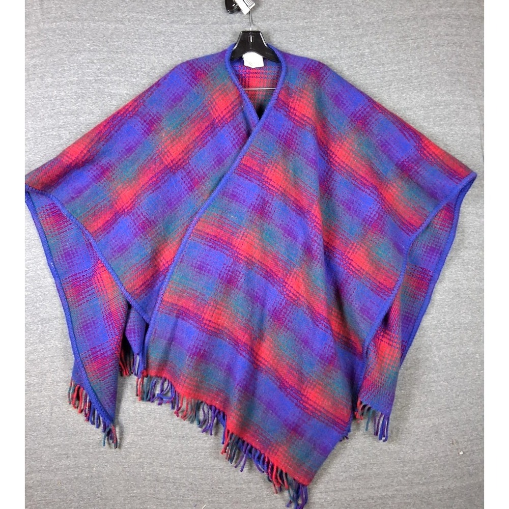 Boyne Valley Weaver Sweater One Size Multi Plaid Wool Poncho Wrap Cabincore Cozy
